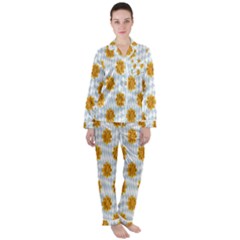 Flowers-gold-blue Satin Long Sleeve Pajamas Set by nate14shop