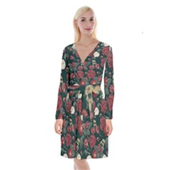 Magic Of Roses Long Sleeve Velvet Front Wrap Dress by HWDesign