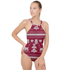 Christmas-seamless-knitted-pattern-background 001 High Neck One Piece Swimsuit by nate14shop