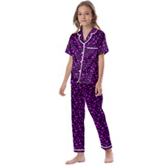 Small Bright Dayglo Purple Halloween Motifs Skulls, Spells & Cats On Spooky Black Kids  Satin Short Sleeve Pajamas Set by PodArtist
