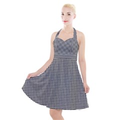 Soot Black And White Handpainted Houndstooth Check Watercolor Pattern Halter Party Swing Dress  by PodArtist