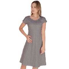 Soot Black And White Handpainted Houndstooth Check Watercolor Pattern Classic Short Sleeve Dress by PodArtist