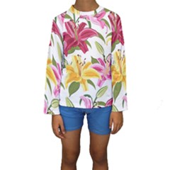 Lily-flower-seamless-pattern-white-background 001 Kids  Long Sleeve Swimwear