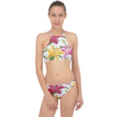 Lily-flower-seamless-pattern-white-background 001 Racer Front Bikini Set by nate14shop