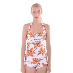 Lily-flower-seamless-pattern-white-background Boyleg Halter Swimsuit 