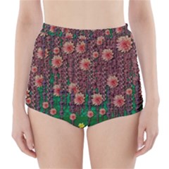Floral Vines Over Lotus Pond In Meditative Tropical Style High-waisted Bikini Bottoms by pepitasart