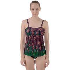 Floral Vines Over Lotus Pond In Meditative Tropical Style Twist Front Tankini Set by pepitasart