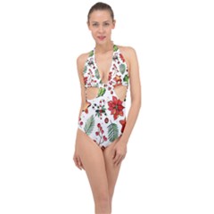 Pngtree-watercolor-christmas-pattern-background Halter Front Plunge Swimsuit by nate14shop
