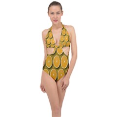 Oranges Slices  Pattern Halter Front Plunge Swimsuit by artworkshop