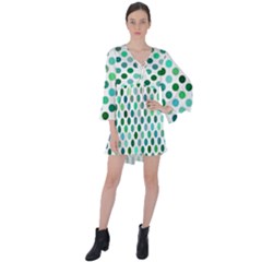 Polka-dot-green V-neck Flare Sleeve Mini Dress by nate14shop