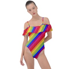 Rainbow-lines Frill Detail One Piece Swimsuit by nate14shop