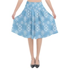 Snowflakes, White Blue Flared Midi Skirt