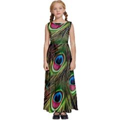 Peacock-feathers-color-plumage Kids  Satin Sleeveless Maxi Dress by Celenk