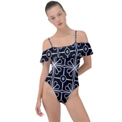 Seamless-pattern Black Frill Detail One Piece Swimsuit by nateshop