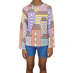Houses City Architecture Building Kids  Long Sleeve Swimwear by Sapixe