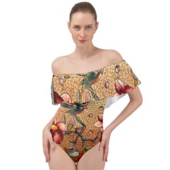 Flower Cubism Mosaic Vintage Off Shoulder Velour Bodysuit  by Jancukart