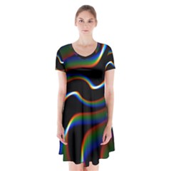 Rainbow Waves Art Iridescent Short Sleeve V-neck Flare Dress by Amaryn4rt