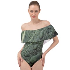 Leaves Water Drops Green  Off Shoulder Velour Bodysuit  by artworkshop