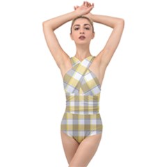 Grey Yellow Plaids Cross Front Low Back Swimsuit by ConteMonfrey