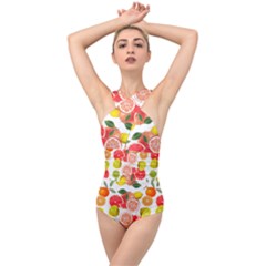 Citrus Fruit Seamless Pattern Cross Front Low Back Swimsuit by Wegoenart