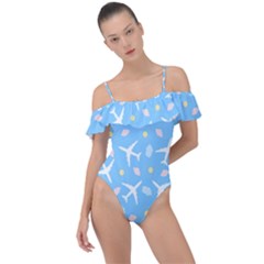 Plane Sky Background Pattern Frill Detail One Piece Swimsuit by danenraven