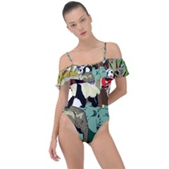 Zoo-animals-peacock-lion-hippo Frill Detail One Piece Swimsuit by Pakrebo
