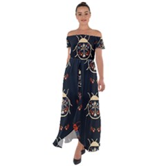 Floral-bugs-seamless-pattern Off Shoulder Open Front Chiffon Dress