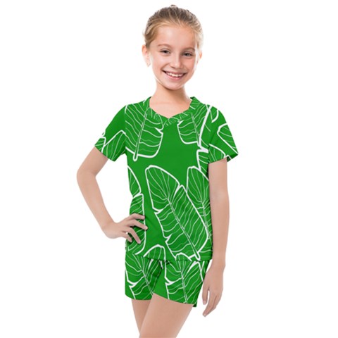 Green Banana Leaves Kids  Mesh Tee And Shorts Set by ConteMonfrey