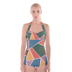 Geometric Colors   Boyleg Halter Swimsuit  by ConteMonfrey