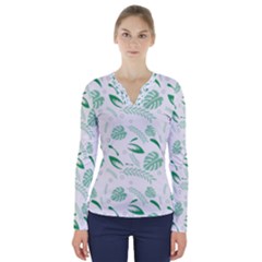 Green Nature Leaves Draw   V-neck Long Sleeve Top by ConteMonfrey