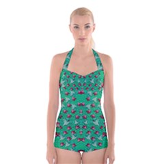 Beautiful Tropical Orchids Blooming Over Earth In Peace Boyleg Halter Swimsuit  by pepitasart