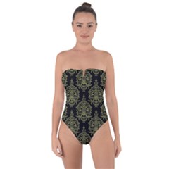 Black And Green Ornament Damask Vintage Tie Back One Piece Swimsuit by ConteMonfrey
