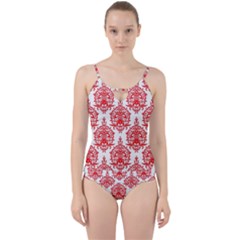 White And Red Ornament Damask Vintage Cut Out Top Tankini Set by ConteMonfrey