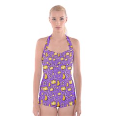 Pattern-purple-cloth Papper Pattern Boyleg Halter Swimsuit  by nateshop