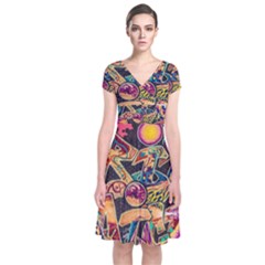 Doodle Wallpaper Texture Grafiti Multi Colored Art Short Sleeve Front Wrap Dress