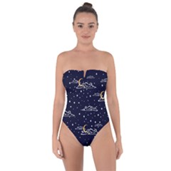 Hand Drawn Scratch Style Night Sky With Moon Cloud Space Among Stars Seamless Pattern Vector Design Tie Back One Piece Swimsuit by Ravend
