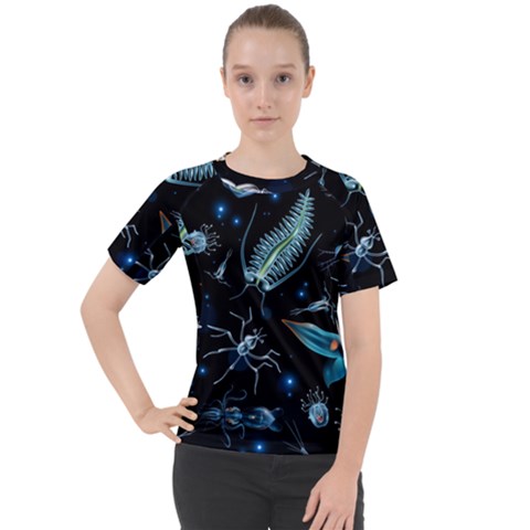Colorful Abstract Pattern Consisting Glowing Lights Luminescent Images Marine Plankton Dark Women s Sport Raglan Tee by Ravend