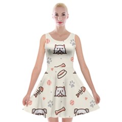 Pug-dog-cat-with-bone-fish-bones-paw-prints-ball-seamless-pattern-vector-background Velvet Skater Dress by Jancukart