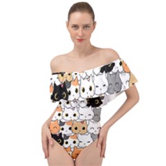 Cute-cat-kitten-cartoon-doodle-seamless-pattern Off Shoulder Velour Bodysuit  by Jancukart