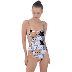 Cute-cat-kitten-cartoon-doodle-seamless-pattern Tie Strap One Piece Swimsuit