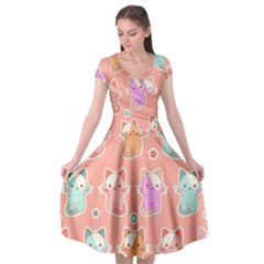 Cute-kawaii-kittens-seamless-pattern Cap Sleeve Wrap Front Dress