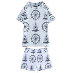 Marine-nautical-seamless-pattern-with-vintage-lighthouse-wheel Kids  Swim Tee And Shorts Set by Jancukart