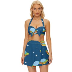 Seamless Pattern Ufo With Star Space Galaxy Background Vintage Style Bikini Top And Skirt Set  by Wegoenart