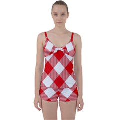 Red And White Diagonal Plaids Tie Front Two Piece Tankini