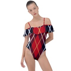 Black, Red, White Diagonal Plaids Frill Detail One Piece Swimsuit by ConteMonfrey