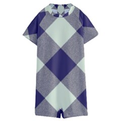 Dark Blue And White Diagonal Plaids Kids  Boyleg Half Suit Swimwear by ConteMonfrey
