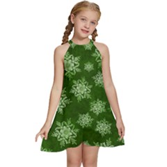 Snowflakes And Star Patterns Green Snow Kids  Halter Collar Waist Tie Chiffon Dress by artworkshop