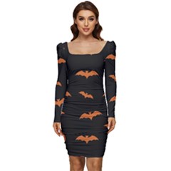 Bat Pattern Women Long Sleeve Ruched Stretch Jersey Dress by Valentinaart
