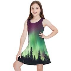 Aurora Borealis Northern Lights Forest Trees Woods Kids  Lightweight Sleeveless Dress by danenraven