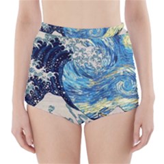 The Great Wave Of Kanagawa Painting Starry Night Vincent Van Gogh High-waisted Bikini Bottoms by danenraven